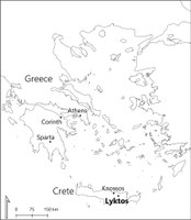 An outline map showing Lyktos on the island of Crete at center bottom, with the full Aegean Sea stretching northward to the Hellespont with the major islands, mainland Greece on the west and coastal Asia Minor on the east. Labeled sites include Knossos, Sparta, Corinth, and Athens.