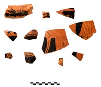 Eleven pottery fragments, using reddish-orange and black glazes, preserve portions of depictions of a sailing ship, animals, human figures, clothing, furniture, and geometric patterns.