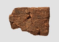 light brown clay tablet on a white background, with tightly packed rows of cuneiform marks filling most of the surface area