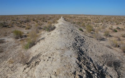 Section of the oasis wall around Bukhara In the western part of the former oasis (west of Varakhsha). Today this section runs through the desert-steppe. Photo by Soeren Stark, all rights reserved.